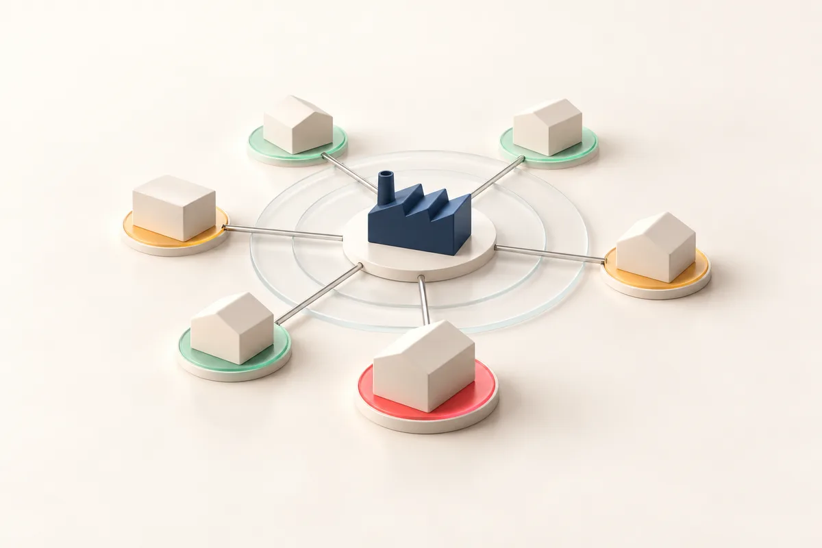 Illustration de la gestion des risques fournisseurs : une usine au centre est reliée à six fournisseurs posés sur des socles verts, orangés et un socle framboise au premier plan, qui signalent trois niveaux de criticité.